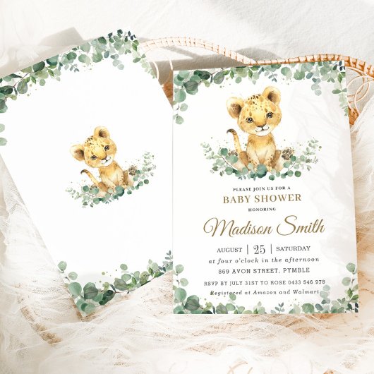 Chic Greenery Adorable Lion Cub Boy Baby Dusche Einladung