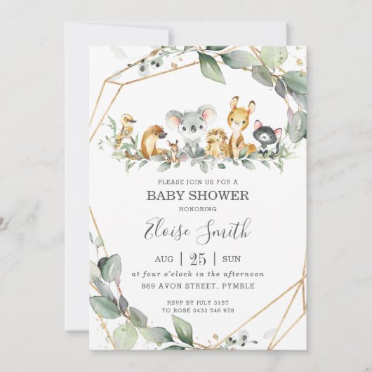 Chic Greenery Australian Animals Baby Shower Einladung (Vorderseite)