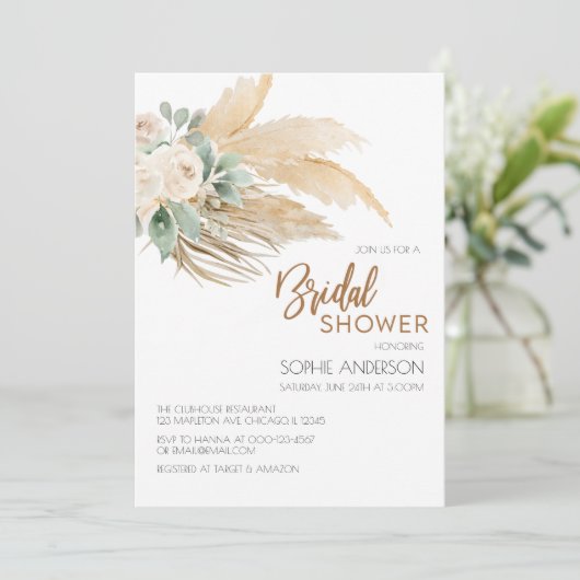 Chic Greenery Boho Pampas Grass Brautparty Einladung (Stehend Vorderseite)