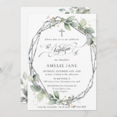 Chic Greenery Botanische Taufe Silver Geometric Einladung (Vorne/Hinten)