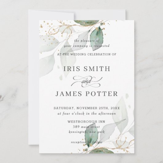 Chic Greenery Foliage Gold Calligrafy Wedding Einladung (Vorderseite)