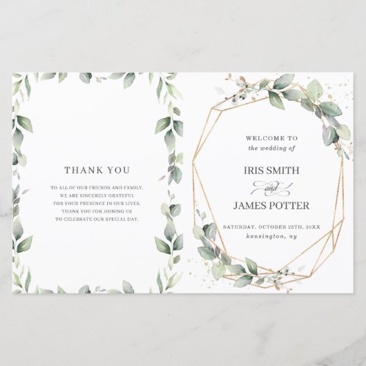 Chic Greenery Geometric Folded Wedding Programm (Vorderseite)