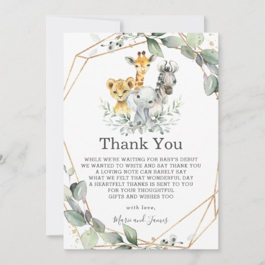 Chic Greenery Geometric Jungle Animals Baby Shower Dankeskarte (Vorderseite)