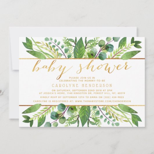 Chic Greenery & Gold Foil Neutral Baby Dusche Einladung (Vorderseite)
