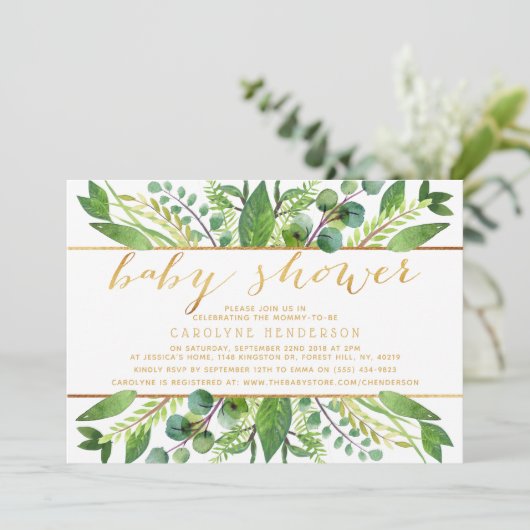 Chic Greenery & Gold Foil Neutral Baby Dusche Einladung (Stehend Vorderseite)