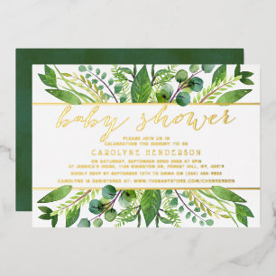 Chic Greenery & Gold Foil Neutral Baby Dusche Real Folieneinladung
