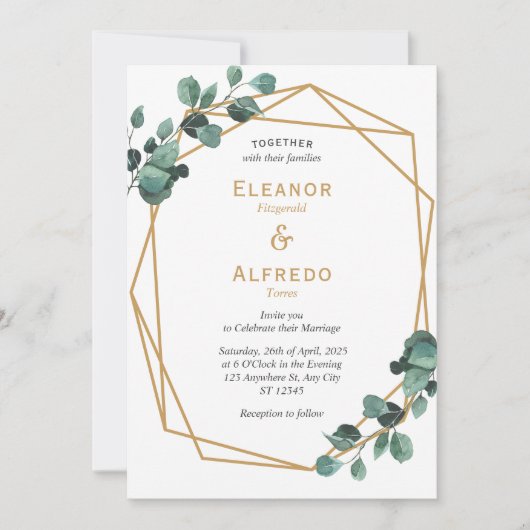 Chic Greenery Gold Geometric Wedding Einladung (Vorderseite)