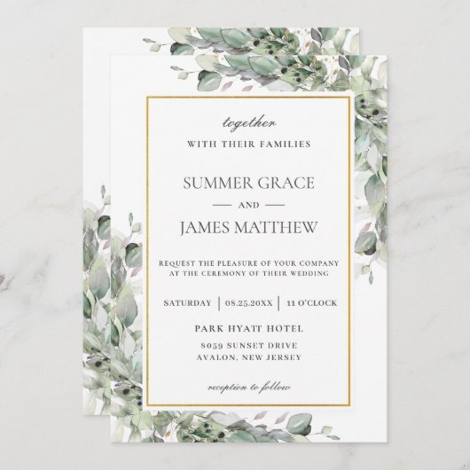 Chic Greenery Gold Sage Green Foliage Hochzeit Einladung (Vorne/Hinten)