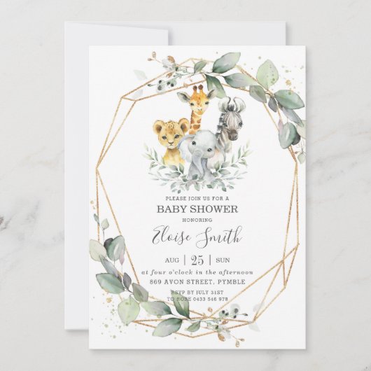 Chic Greenery Jungle Animals Baby Dusche neutral Einladung (Vorderseite)