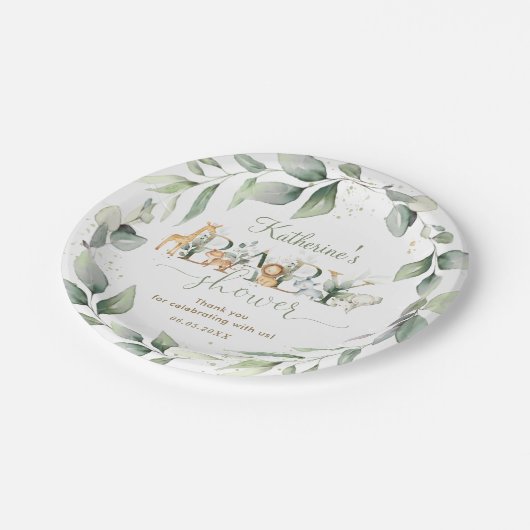 Chic Greenery Jungle Animals Baby Dusche neutral Pappteller (Schrägansicht)