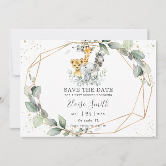 Chic Greenery Jungle Animals Baby Dusche neutral Save The Date (Vorderseite)