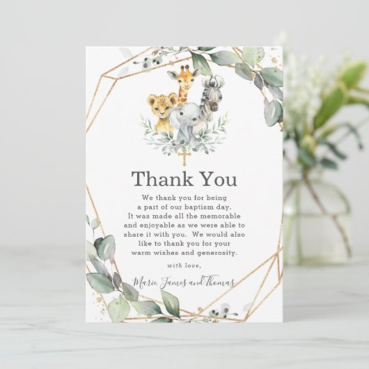 Chic Greenery Jungle Animals Taufe Christening Dankeskarte (Stehend Vorderseite)