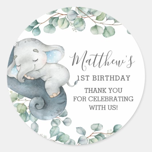 Chic Greenery Niedlich Elephant Junge Vielen Dank  Runder Aufkleber (Vorderseite)