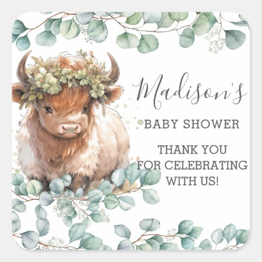 Chic Greenery Niedlich Highland Cow Vielen Dank fü Quadratischer Aufkleber (Vorderseite)