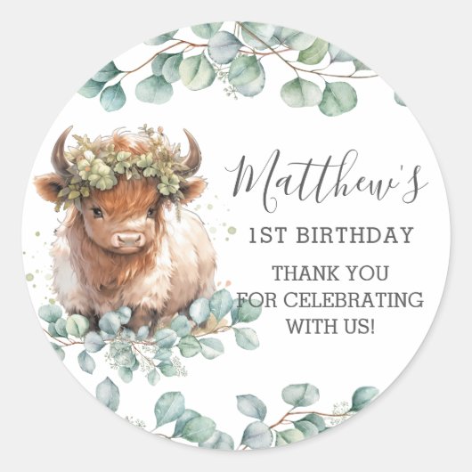 Chic Greenery Niedlich Highland Cow Vielen Dank fü Runder Aufkleber (Vorderseite)