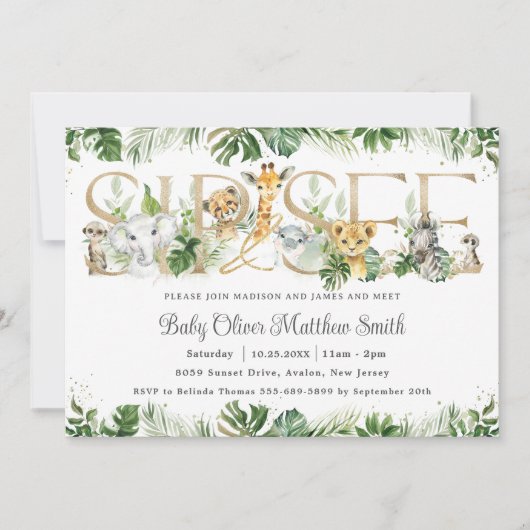 Chic Greenery Niedliche Jungle Animals Baby Sip an Einladung (Vorderseite)