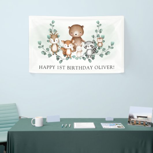 Chic Greenery Woodland Animal Happy Birthday Party Banner (Messeveranstaltung)