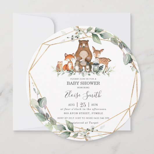 Chic Greenery Woodland Animals Baby Dusche neutral Einladung (Vorderseite)