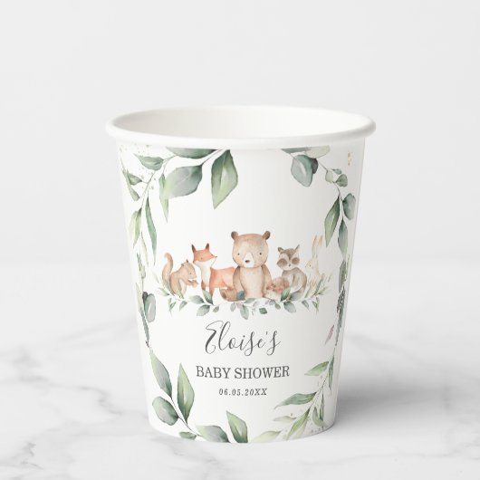 Chic Greenery Woodland Animals Baby Dusche neutral Pappbecher (Rückseite)