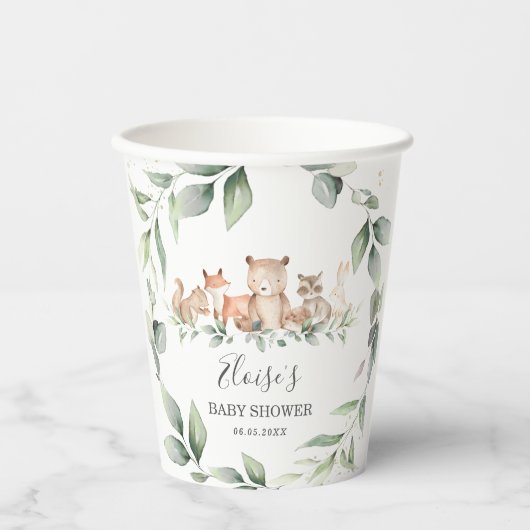 Chic Greenery Woodland Animals Baby Dusche neutral Pappbecher (Vorderseite)