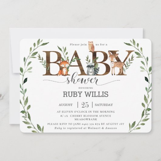 Chic Greenery Woodland Animals Baby Shower Boy Einladung (Vorderseite)