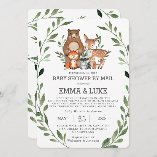 Chic Greenery Woodland Animals Baby Shower by Mail Einladung (Vorne/Hinten)