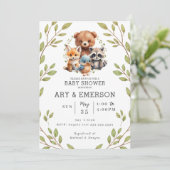 Chic Greenery Woodland Animals Baby Shower Einladung (Stehend Vorderseite)
