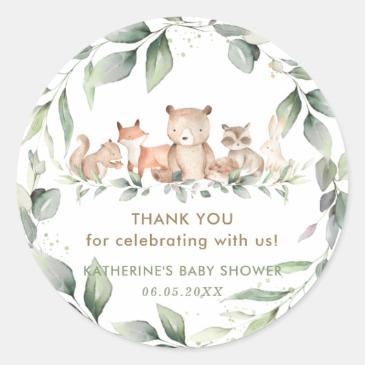 Chic Greenery Woodland Animals Baby Shower Favorit Runder Aufkleber (Vorderseite)