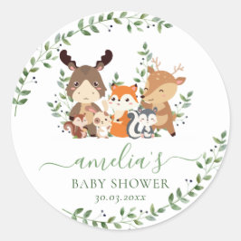 Chic Greenery Woodland Animals Baby Shower Gevor Runder Aufkleber