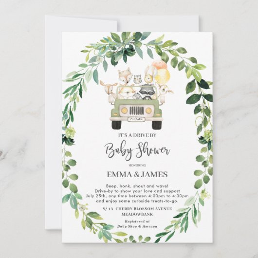 Chic Greenery Woodland Drive by Baby Shower Parade Einladung (Vorderseite)