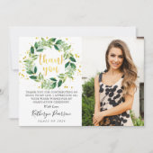 Chic Greenery Wreath Gold Glitzer Abschluss Foto Dankeskarte (Vorderseite)