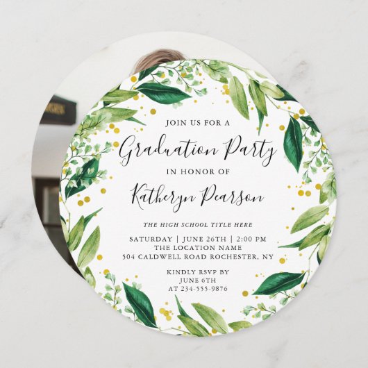 Chic Greenery Wreath Gold Glitzer Abschluss Foto Einladung (Vorne/Hinten)