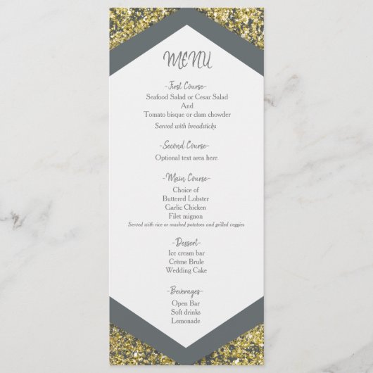 Chic Grey & Gold Glitzer Flakes Glam Wedding Menu Menükarte (Vorderseite)