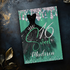Chic grün silberner Glitzer Tropfen süße 16 Einlad Einladung