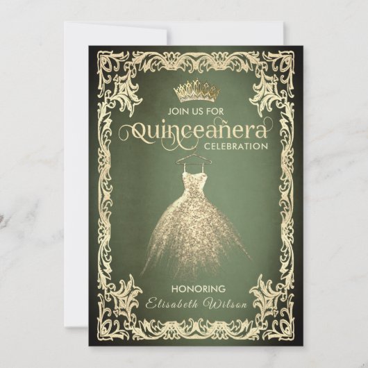 Chic grünen Luxus Gold Kleid tiara Quinceañera Einladung (Vorderseite)