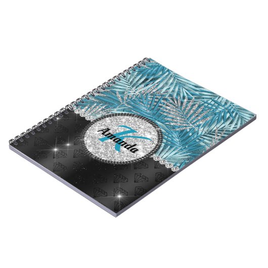 Chic gurt türkis Aqua Glitzer Blätter monogramm Notizblock (Linke Seite)