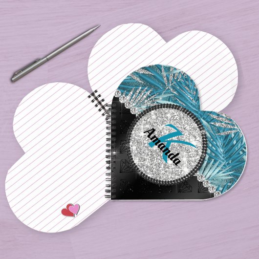 Chic gurt türkis Aqua Glitzer Blätter monogramm Notizblock