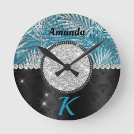 Chic gurt türkis Aqua Glitzer Blätter monogramm Runde Wanduhr