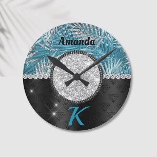 Chic gurt türkis Aqua Glitzer Blätter monogramm Runde Wanduhr