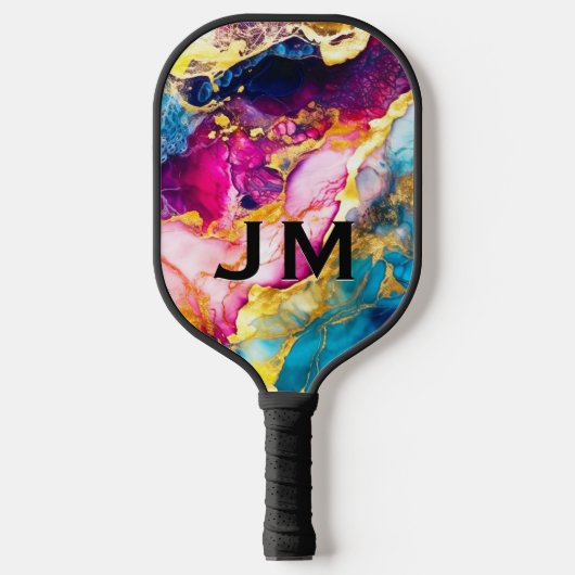 Chic gürtelfarbene Marmor Imitate Glitzer Monogram Pickleball Schläger (Vorderseite)