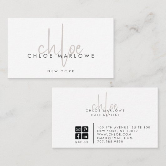 Chic Hair Stylist Minimalistisch Monogram Visitenkarte (Vorne/Hinten)