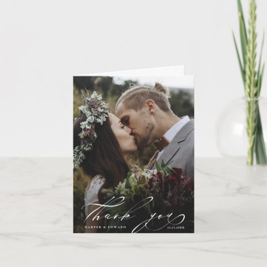 Chic Hand Brief 2 Foto Hochzeit Dankeschön Karte (Vorderseite)