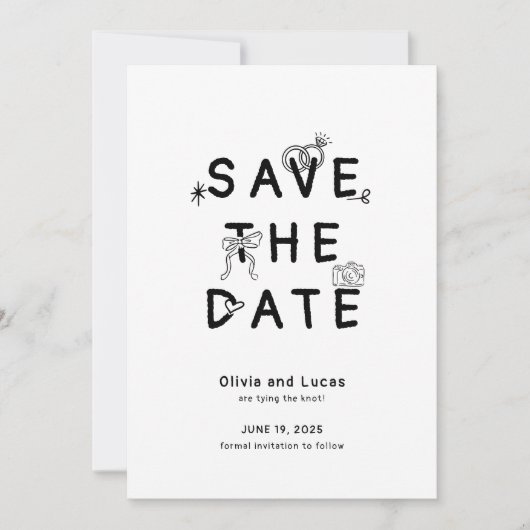 Chic Hand Drawn Black and White Wedding Save The Date (Vorderseite)