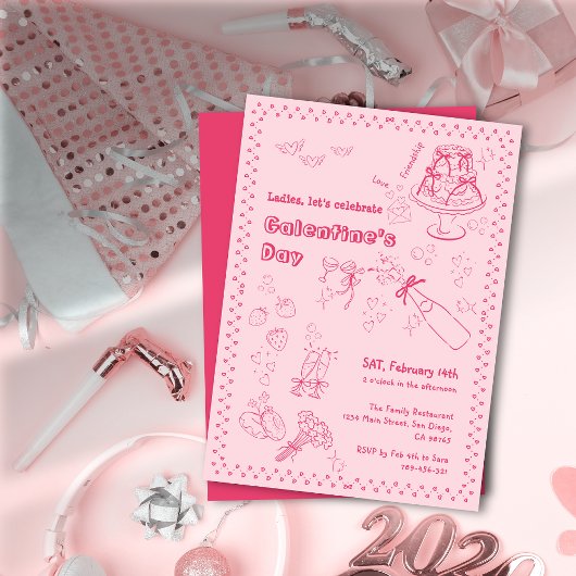 Chic Hand Drawn Champagne Galentine's Day Party Einladung