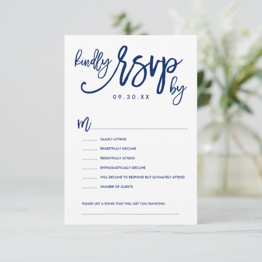 Chic Hand Letding Wedding RSVP Optionen Card Navy (Stehend Vorderseite)