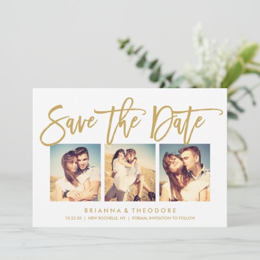 Chic Hand Letted Save the Date Foto Collage (Stehend Vorderseite)