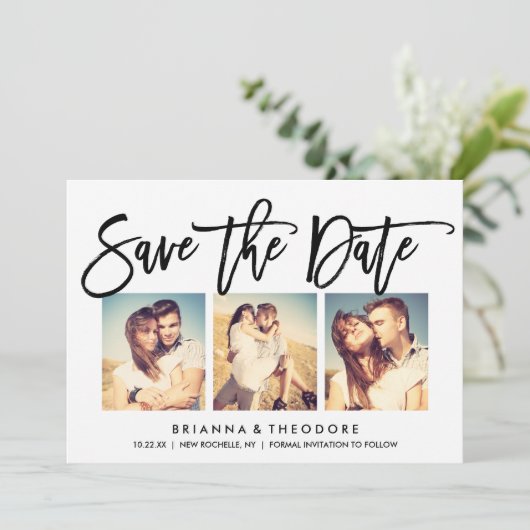 Chic Hand Letted Save the Date Foto Collage (Stehend Vorderseite)