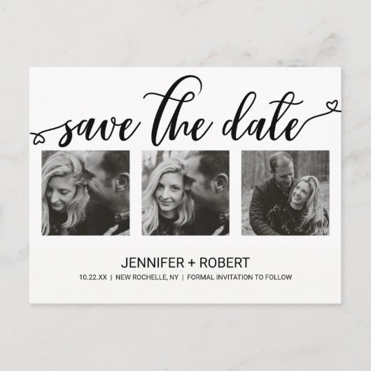 Chic Hand Letted Save the Date Foto Collage Ankündigungspostkarte (Vorderseite)