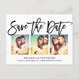 Chic Hand Letted Save the Date Foto Collage Ankündigungspostkarte
