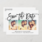 Chic Hand Letted Save the Date Foto Collage Ankündigungspostkarte (Vorne/Hinten)